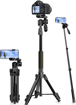Camera Tripod, Smartphone Tripod, Monopod, 7 Levels, Extendable, Lightweight, Compact, 3-Way Head Stand, 360 Degree Rotation |    7