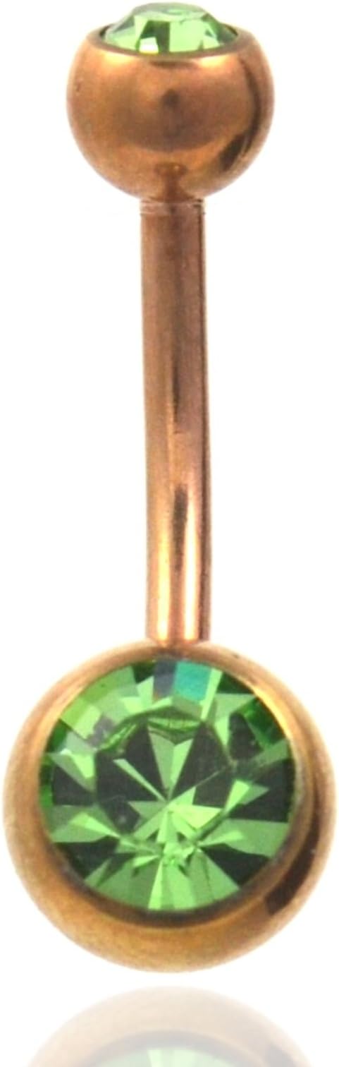 14G Rose Gold-Tone IP Steel Two Gem (Green) Navel Belly Button Ring