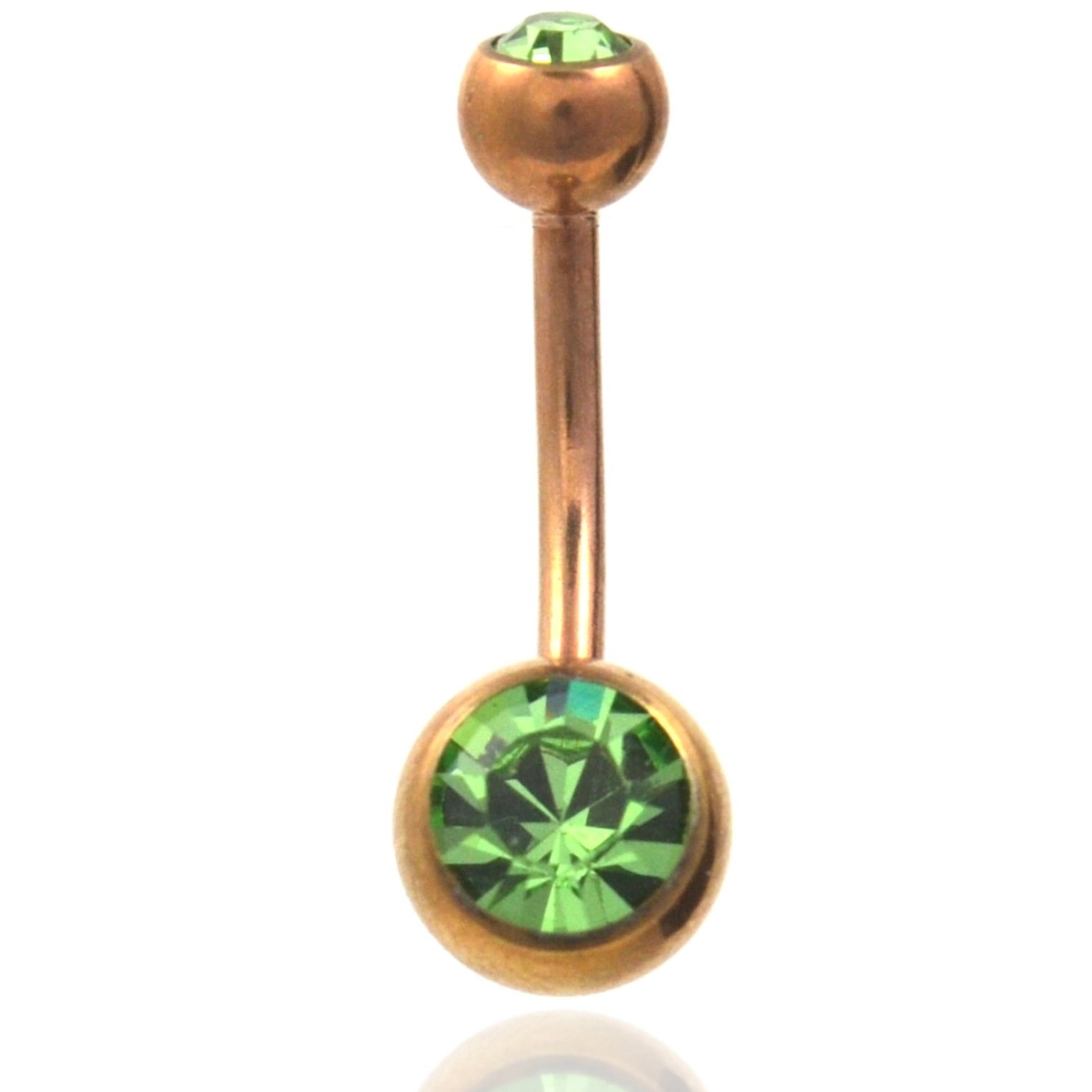 14G Rose Gold-Tone IP Steel Two Gem (Green) Navel Belly Button Ring