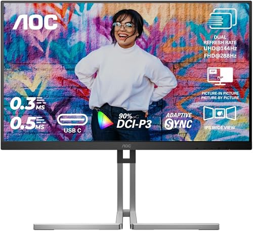 AOC Graphic Monitor U27U3XD 27" IPS Dual refresh rate UHD 3840x2160 144hz, FHD 1920x1080 288hz USB-C 90W HDMI DP KVM Ergo Stand