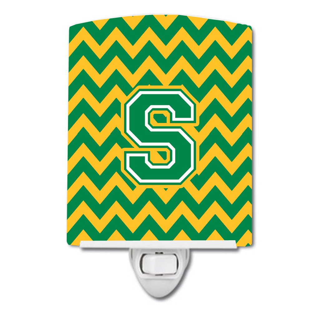 Caroline's Treasures CJ1059-SCNL Letter S Chevron Green and Gold Ceramic Night Light Compact, UL-Certified, Ideal for Bedroom, Bathroom, Nursery, Hallway, Kitchen, 6x4x3, Multicolor