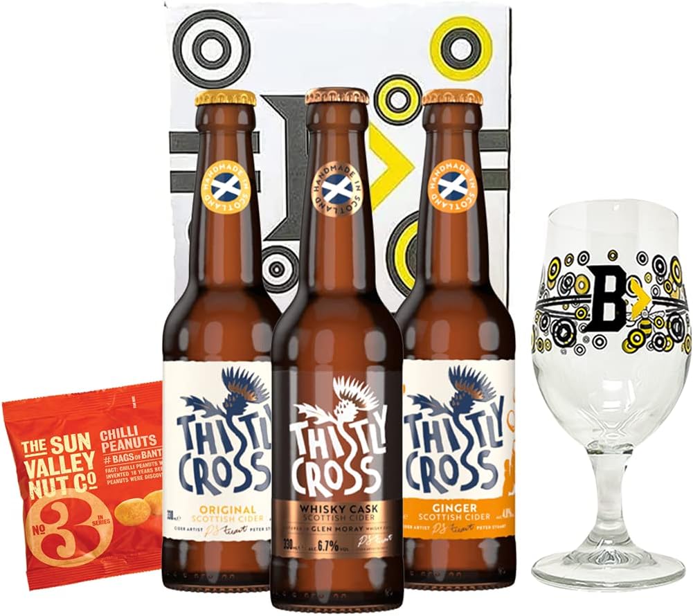 Thistly Cross Cider Scottish Craft Mixed Case Gift Set With Glass & Cider Snack (3 Pack)