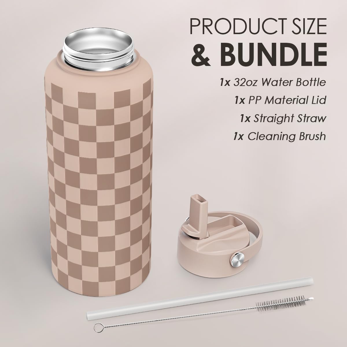 Checkerboard Water Bottle 32oz Stainless Steel with Lid & Straw, Beige Checker Insulated Bottles for Women Girls, Gift Idea for Christmas Birthday - Image 4
