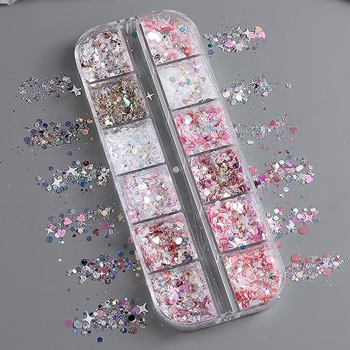 Hexagon Heart Nail Charms: 12 Grids Multi Color Holographic Mermaid Sequins Design Art Stickers for Women's Manicure Decoration