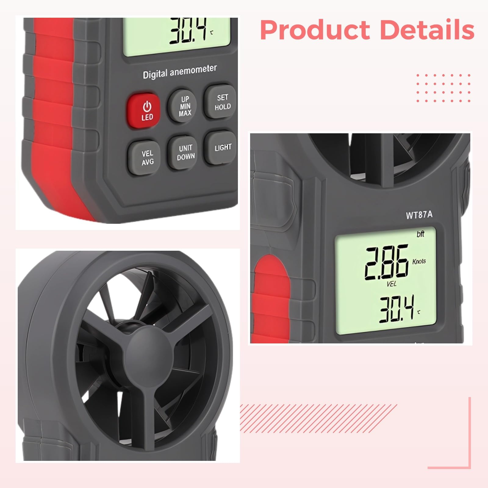 WT87A - Medidor digital de velocidad del viento, anemómetro de mano de alta precisión, lecturas máximas, mín./promedio, LCD retroiluminado, pantalla de temperatura del viento multiunidad, 7.1