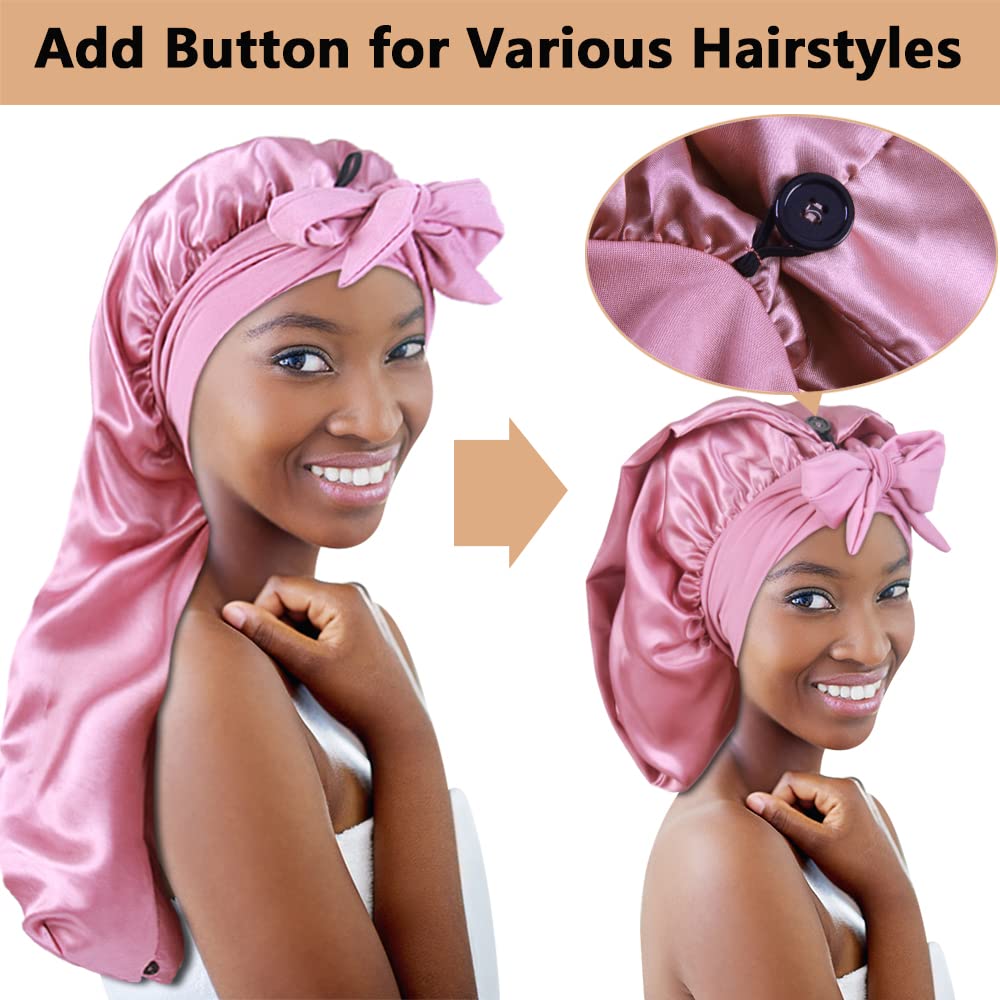 2pcs Long Satin Bonnets with Tie Band, Large Braid Bonnet Silky Hair Cap for Locs Women Sleeping, A image 3