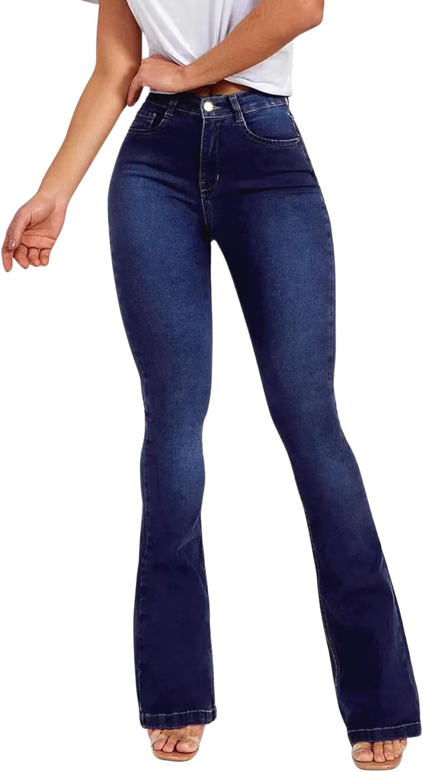 Women's Flare Stretch High Rise Jeans Skinny Bell Bottom Denim Pants