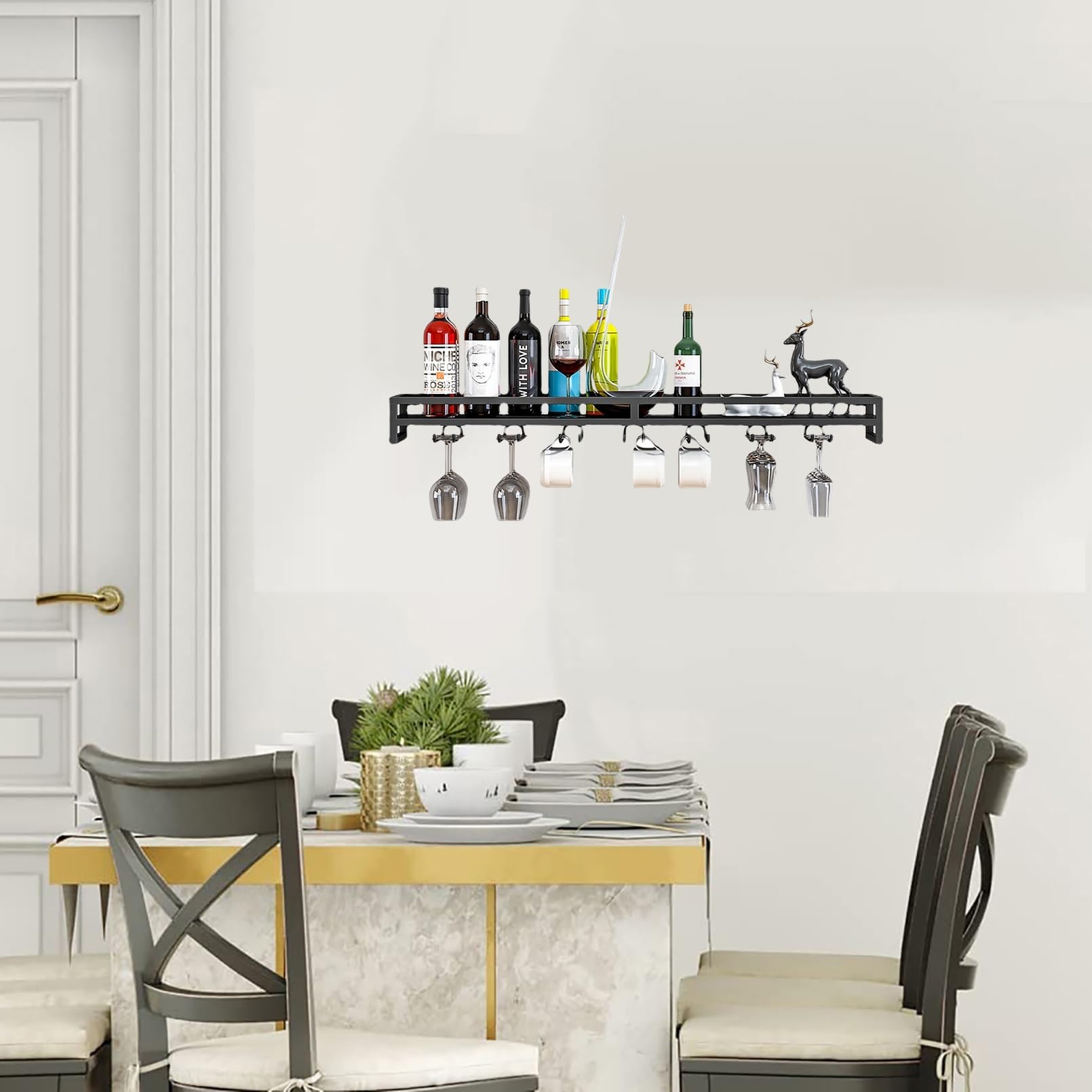 Botellero Moderno de Pared de Metal con Estante de Cristal, Soporte para Copas y Enfriador de Botellas Flotante para el hogar, Bar, Cocina, cafetería o Bodega.