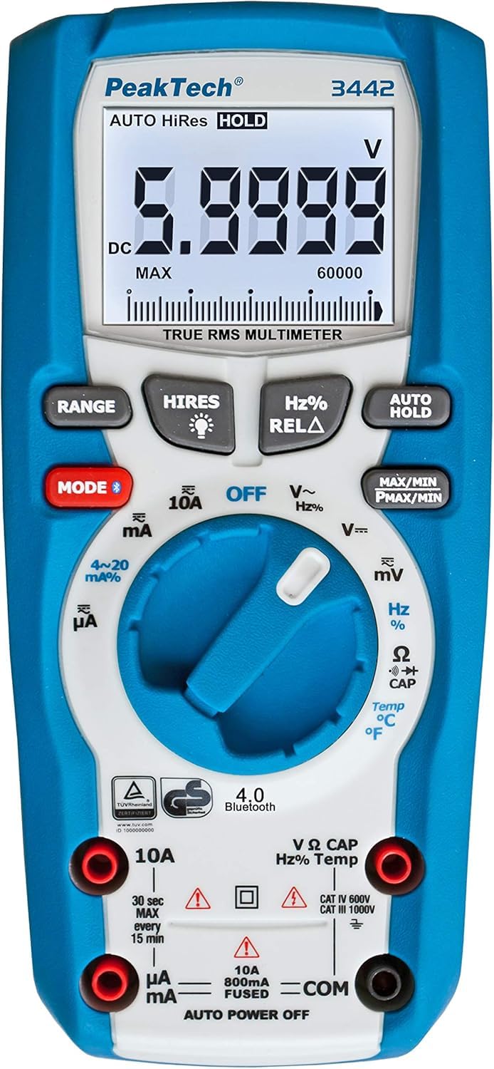 PeakTech P 3442 True RMS Digital Multimeter für Elektriker mit 60000 Counts & 4.0 Bluetooth, CAT III 1000V & P 8200 – Messzubehör Set für Digital Multimeter, Prüfkabel Set - 14-teilig inkl. Tasche