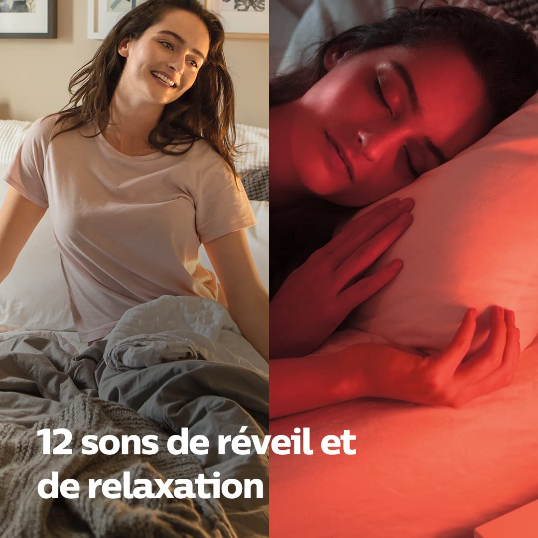 Philips Eveil-lumière et simulateur d'aube connecté, lumière et sons personnalisés, capteur d'environnement AmbiTrack, fonction de relaxation et de respiration, App SleepMapper (Modèle HF3671/01)