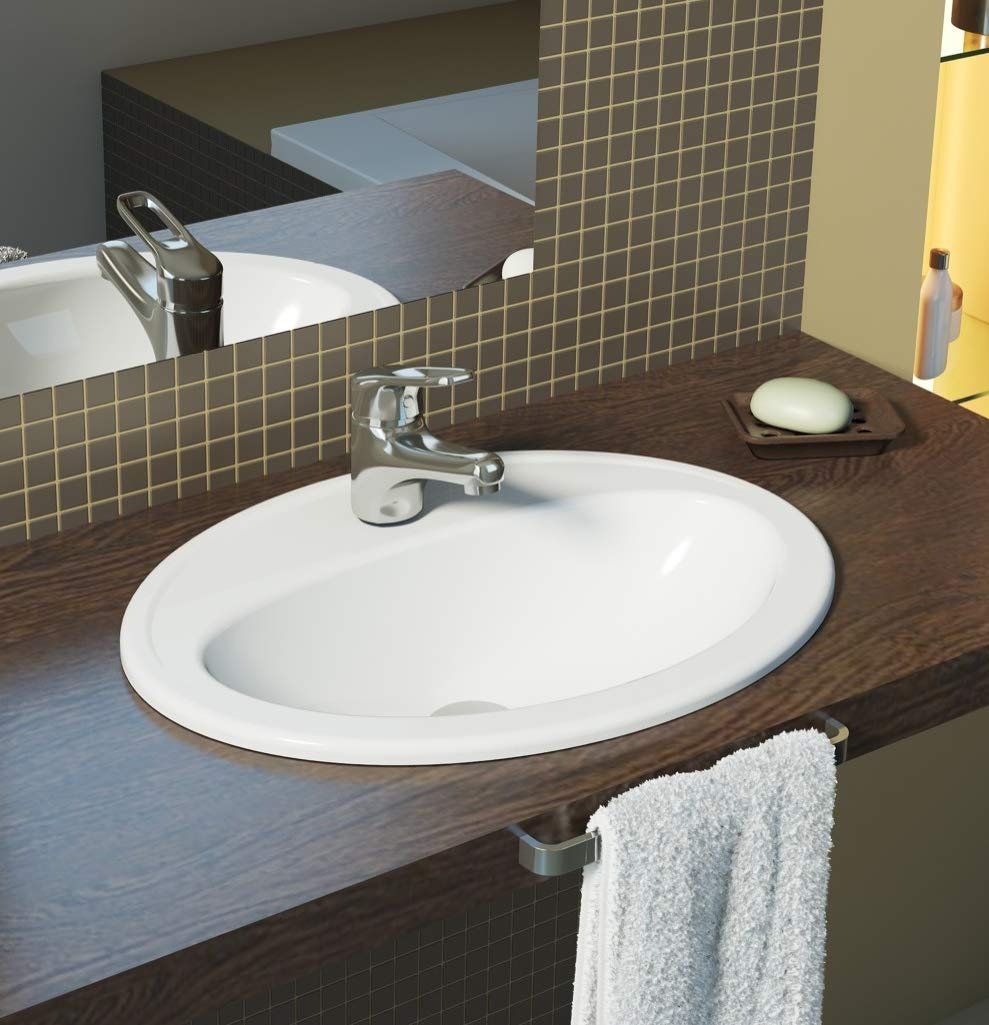 VBChome Waschbecken Oval 54cm x 41cm Weiß Waschtisch Einbauwaschbecken Waschplatz Bad Badezimmer Gäste-Bad aus Keramikmit, 1 Hahnloch, mit Überlauf