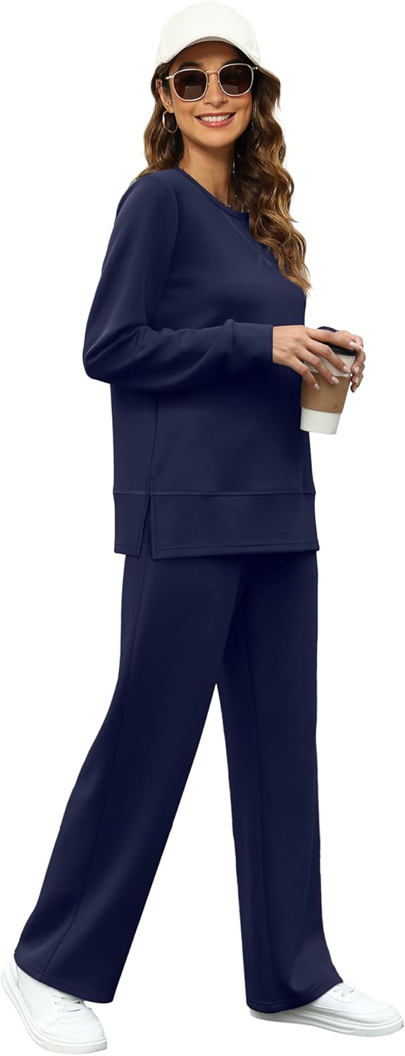 OFEEFAN Women's 2 Piece Lounge Set Travel Airport Outfits Side Slit Tracksuit Wide Leg Loungewear Baggy Comfy Sweatsuit S-3XL - Image 2