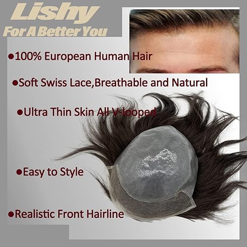 Miniatura 7 de Peluca de cabello humano europeo de repuesto para hombre, encaje suizo frontal, 0.003 in, piel fina, poliuretano, con bucle, 10 x 8 pulgadas, color