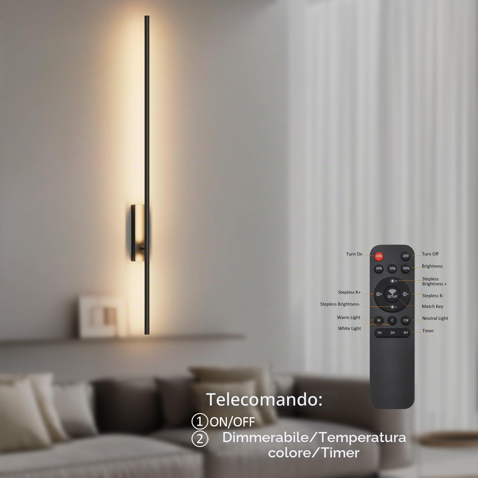 2 Lampade da Parete a LED con Telecomando Nero - 100 cm, 28 W, 3000K-6000K, con Funzioni di Regolazione dell'Intensità Luminosa e Temporizzazione, per Soggiorno, Camera da Letto, Corridoio