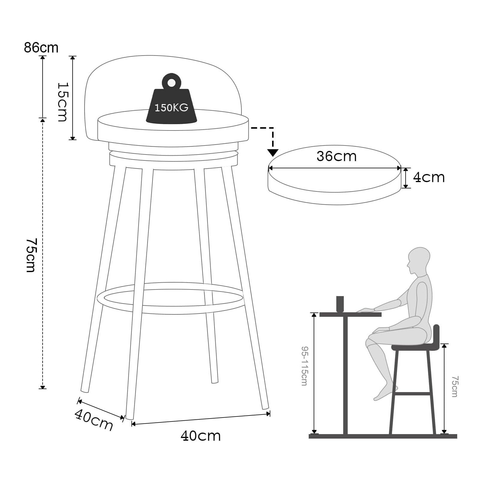 Set 4 Sgabelli Da Bar Girevoli 360° | Altezza 75 Cm In Tessuto Traspirante Con Schienale E Poggiapiedi | Nero