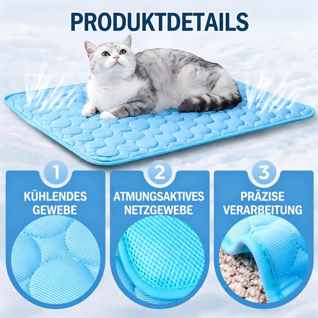 Haustiermatte für Hunde und Katzen, selbstkühlende Kühlmatte aus atmungsaktiver Eisseide, weiche langlebige tragbare waschbare Kühlbett Kühldecke für Sommer drinnen & draußen