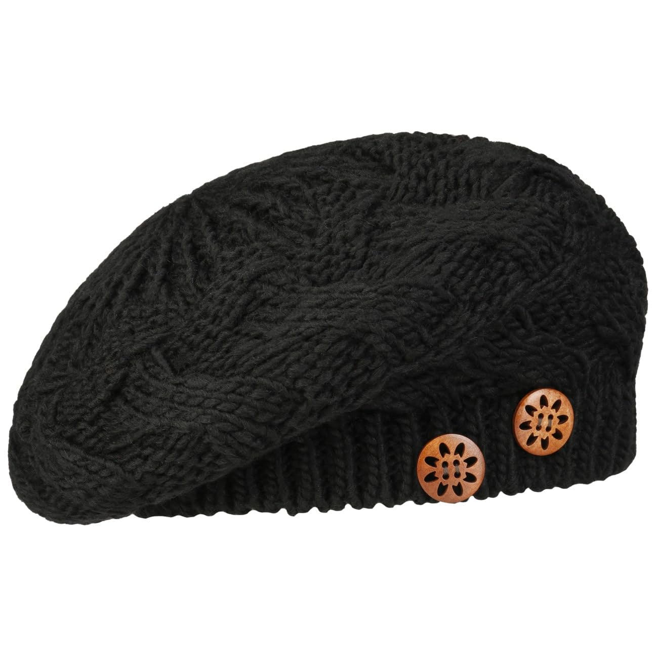 Lierys Jil Women's Beret with Buttons - Knitted hat with new Wool - Made in Germany – One Size 54-59 cm - French Ladies' Beret - Fall/Winter Black One Size