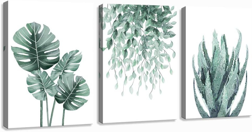 Green Canvas Wall Art for Living Room Bedroom, Monstera Shallow Leaf Tropical Succulent Plant Picture Prints,Modern Framed Minimalist Water Color Set of 3 Piece 12" X 16"