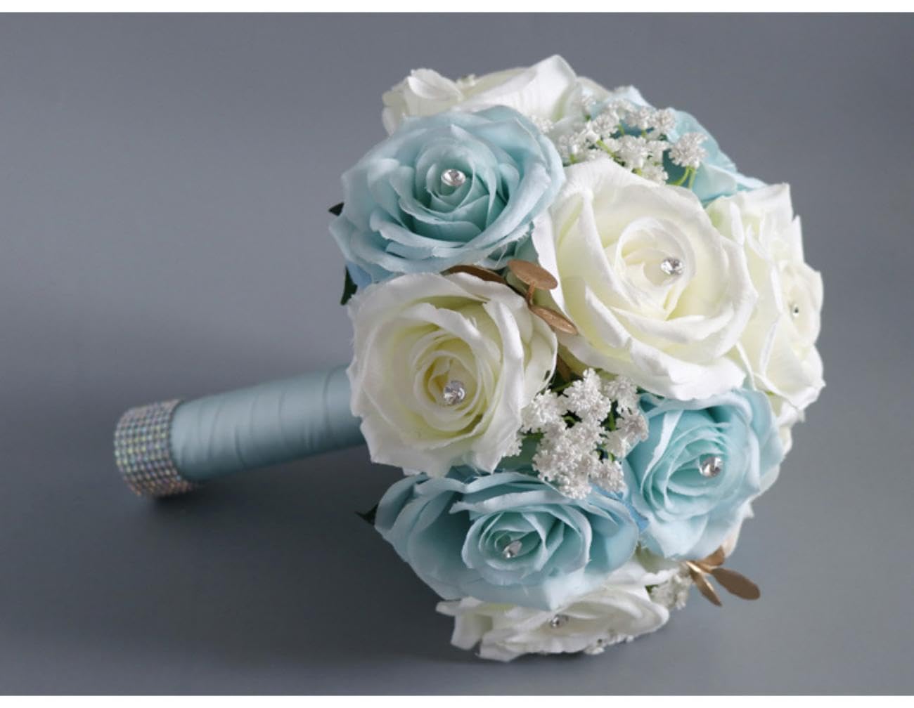 ウェディング　バラ　造花 Amazon｜8.6インチ 花嫁用ウェディングブーケ ホワイトブルー
