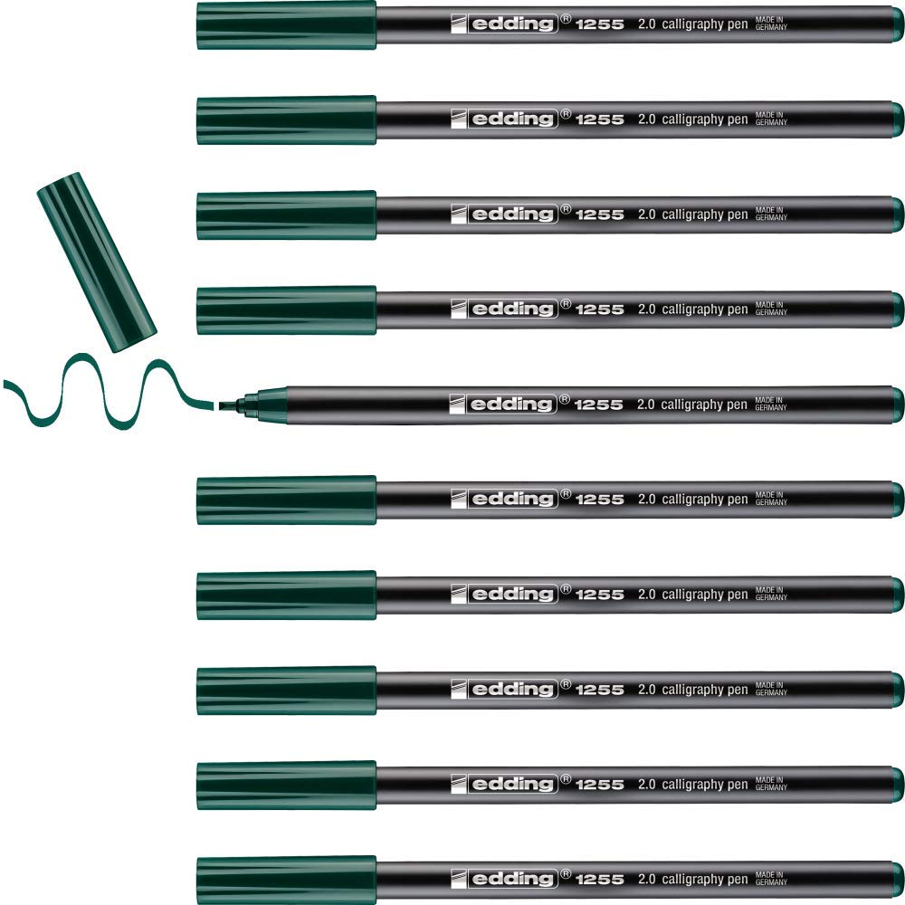 edding 1255 calligraphy pen - bottlegreen - box of 10 - calligraphy nib 2 mm - fibre pen for paper, wood, terracotta, canvas - hand lettering, bullet journals, thank you cards, calligraphy books