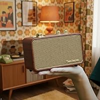 Vista 4 de Altavoz Bluetooth retro de madera, altavoz inalámbrico portátil vintage con placas frontales intercambiables, radio FM, subwoofer y dial giratorio