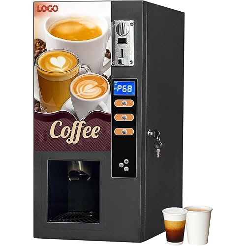 Commercial Coffee Vending Machine – Coin Operated, 3 Flavor Instant Hot Drinks, Smart Self Coin Payment, Automatic Cup Drop System, for Office, Cafe, School