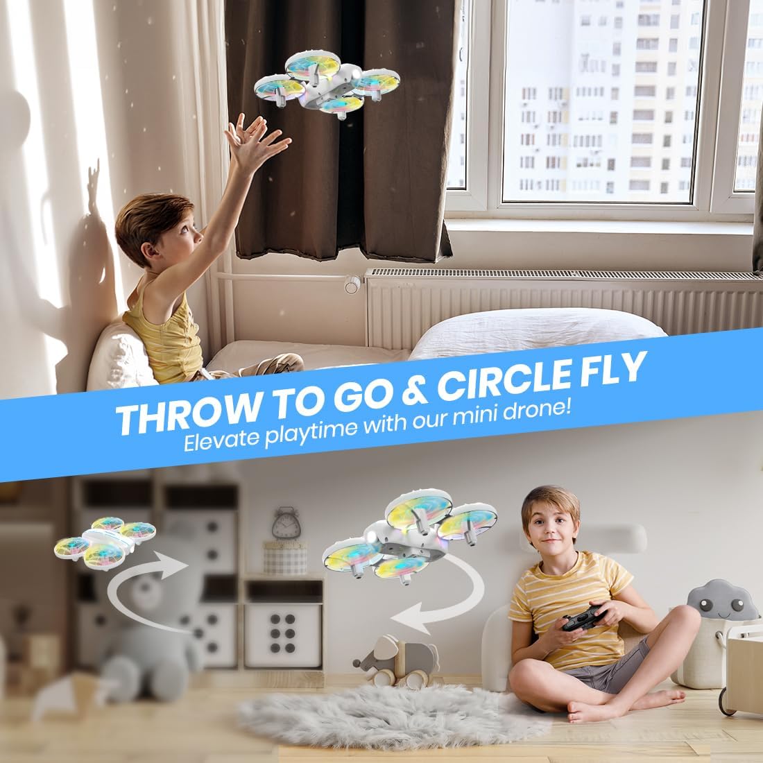 Imaxe que demostra as funcións "Lanzar para ir" e "Voo circular" do minidron DEERC D33.