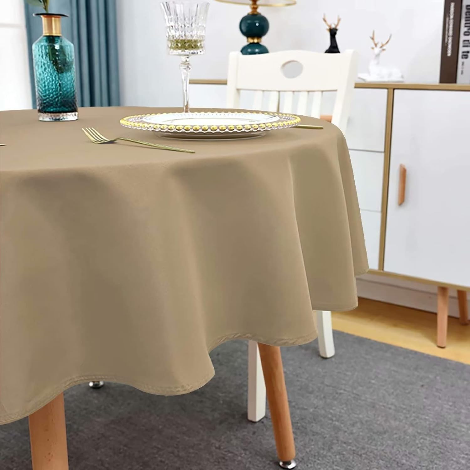 Round Tablecloth - 60 Inch - Waterproof and Stain Resistant Washable Polyester Table Cloths, Decorative Fabric Table Cover for Kitchen, Dining, Parties, Indoor and Outdoor Use,Light Brown