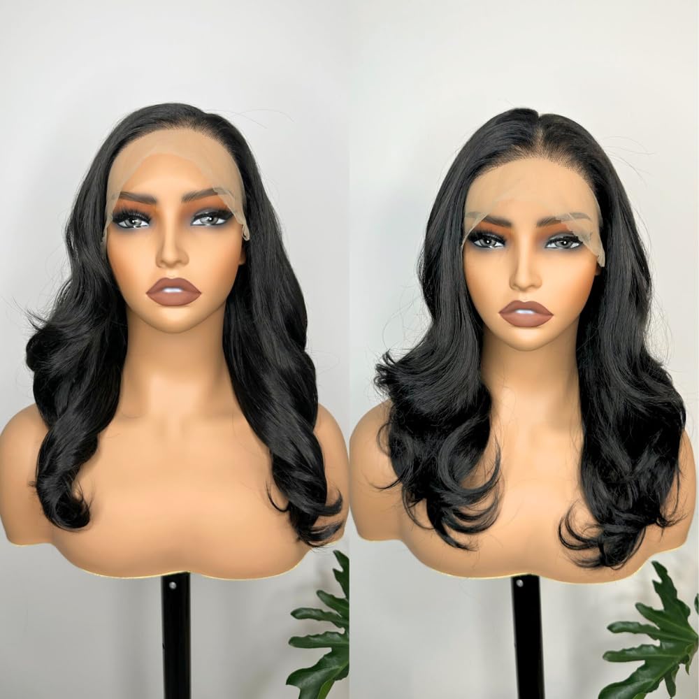 13X6 Body Wave Lace Front Wigs Black Wavy Synthetic Lace Front Wig HD Glueless Lace Wigs Pre Plucked Natural Hairline With Baby Hair 18 Inch Wear And Go Wigs For Black Women