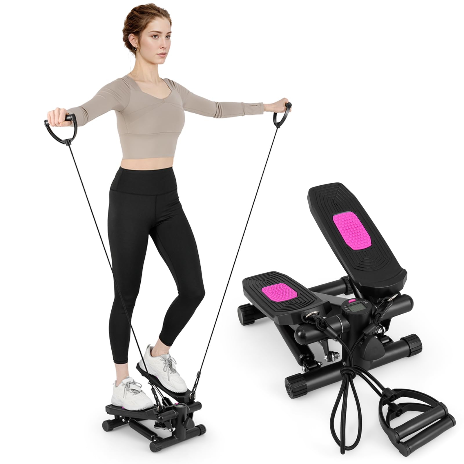 KOMFOTTEU Domowy mini step fitness, hydrauliczny stepper z taśmami oporowymi, regulacją wysokości, ekranem LCD, antypoślizgowymi pedałami, sprzętem cardio do treningu ciała, ćwiczeń