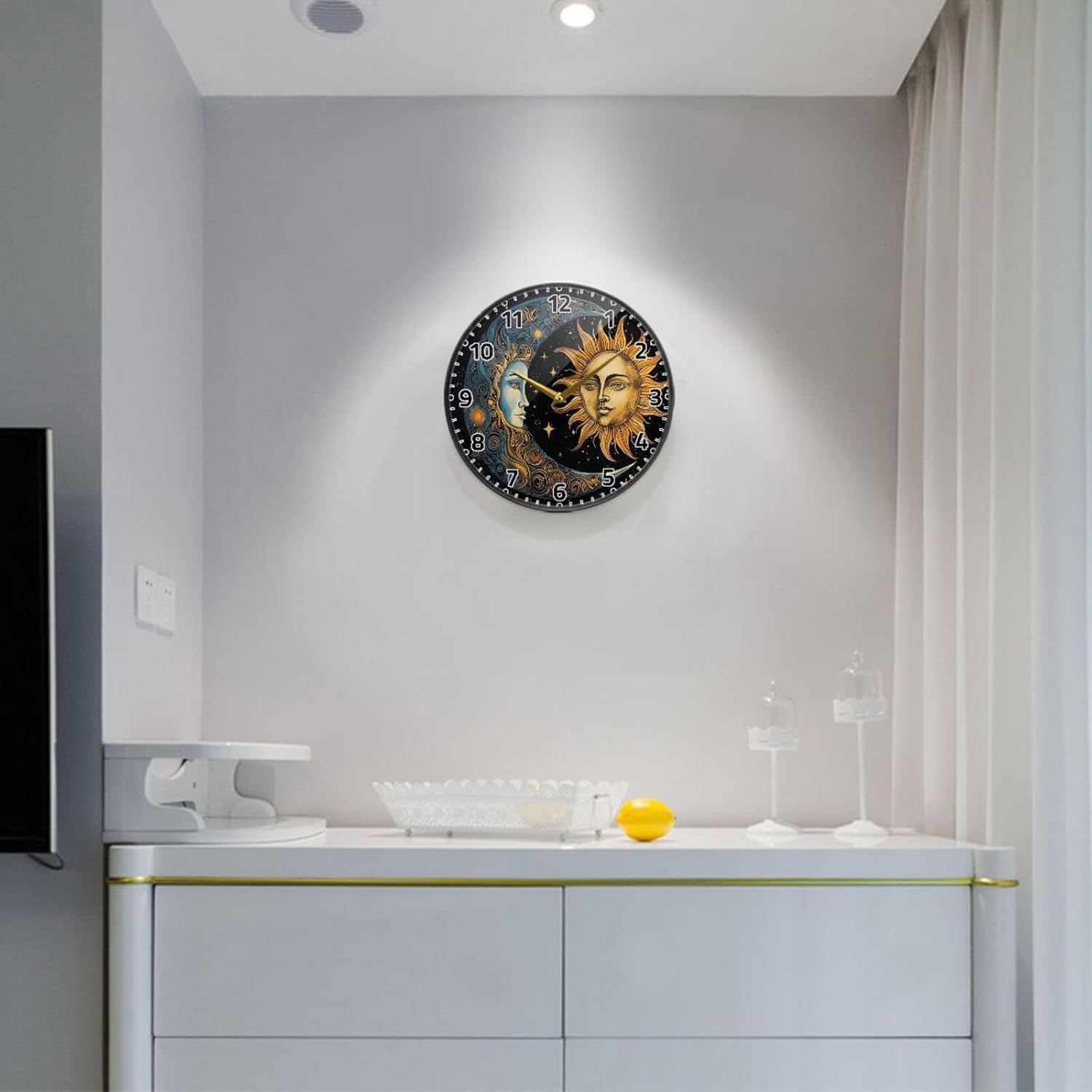 Wall Clock Non Ticking 12 Inch - Sun and Moon Battery Operated Quartz Silent Round Clock for Home/Office/Kitchen/Classroom