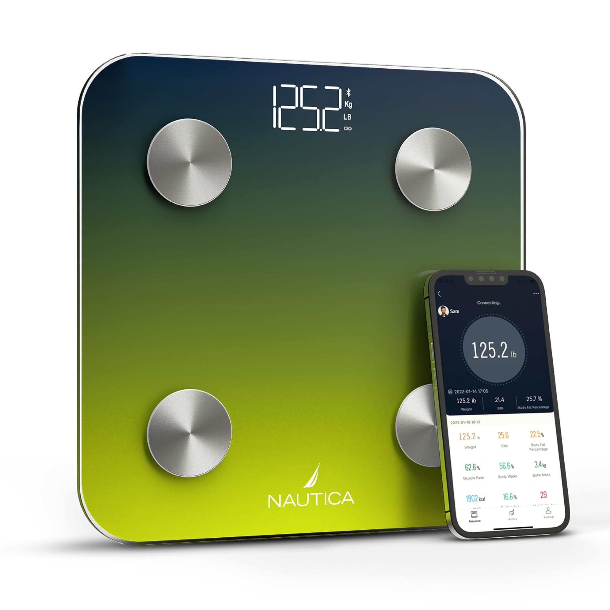 Nautica Body Tracker Digital Bathroom Scale, Bluetooth-Enabled Smart Scale with BMI, Body Fat, Muscle Mass Tracking & More, Syncs with Smartphone App for Body Composition Tracking, 396 Lbs.