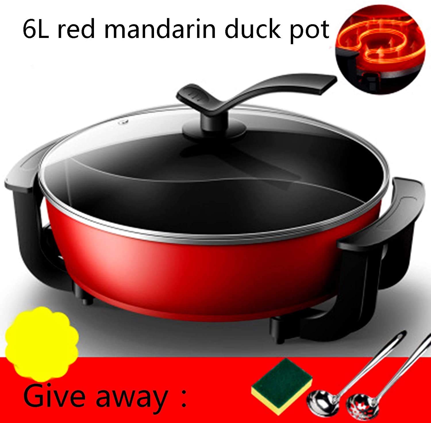 1300 W dubbele hete pot, Chinese fondue, mandarijn eendenpot met verwarmingssokkel, deksel 6 l met grote capaciteit, wisselstroom, 220 V