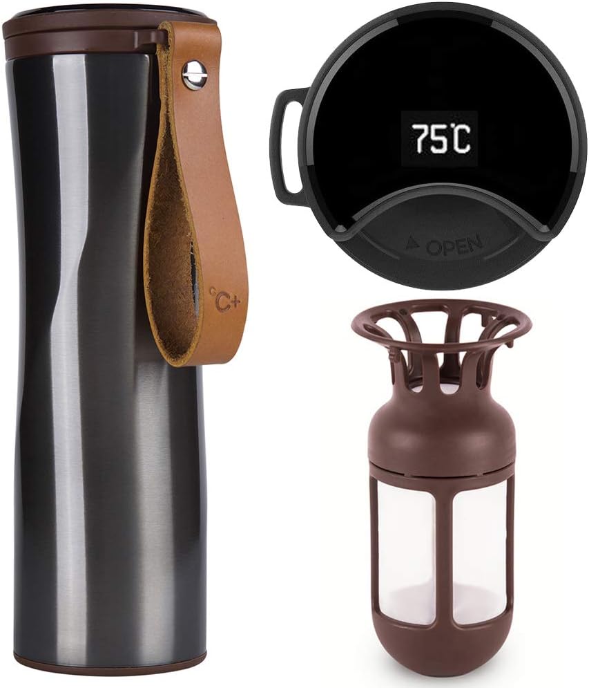 Travel Mug, Kiss Kiss Fish Vacuum Mug with OLED Temperature Display | Touch Interactive Stainless Steel Travel Tumbler, Coffee Mug including Coffee Brewer, 430ml (Grey)