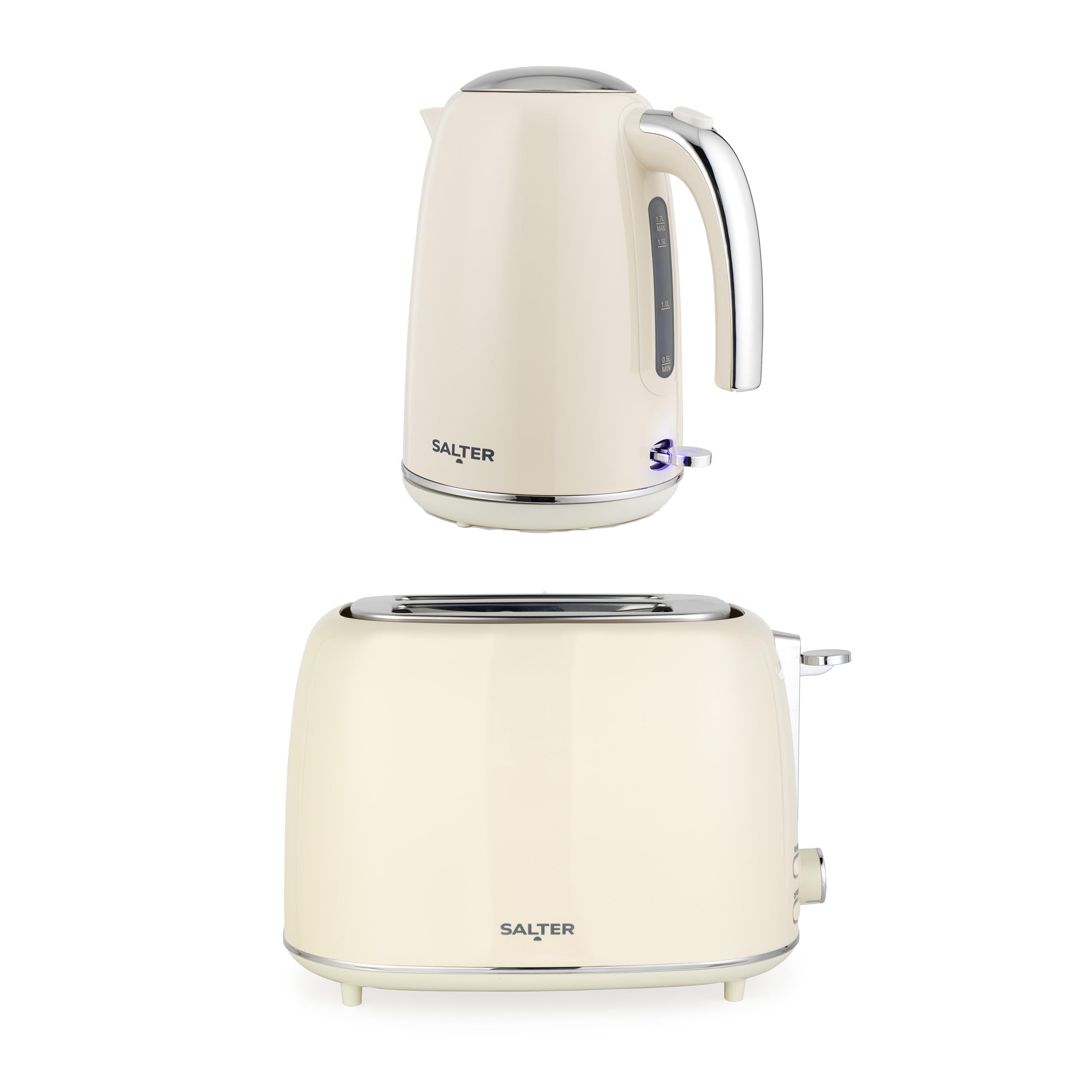 Salter Retro Kettle & 2-Slice Toaster Set โ 1.7L 3kW Jug Kettle with 360ยฐ Base & 815W Toaster with Wide Slots, Plastic, 6 Browning Levels, Removable Crumb Tray, Cream