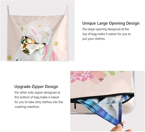 Miniatura 4 de Qilmy Bolsa colgante de unicornio para ropa sucia con ganchos para pared, puerta, armario, baño, 1 paquete