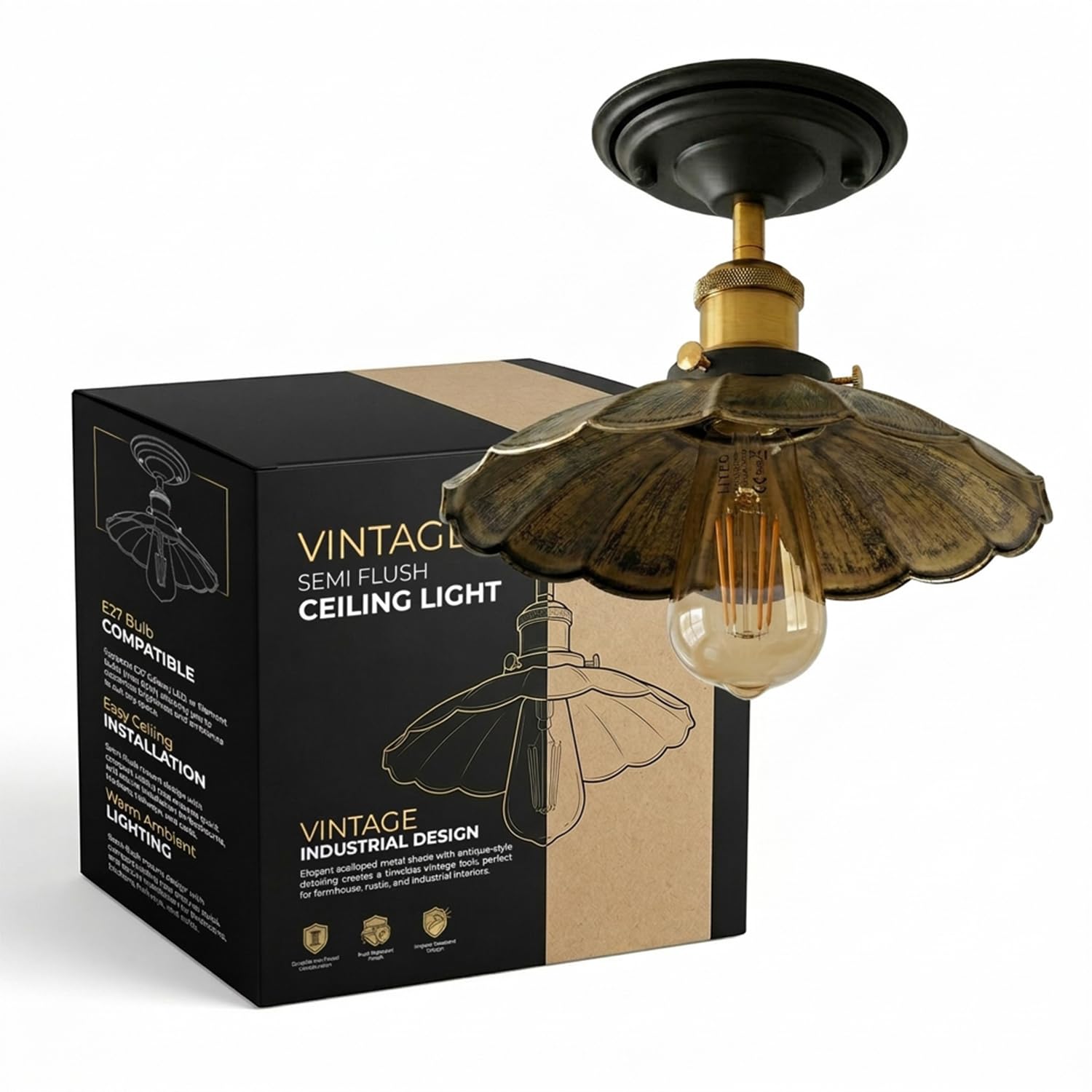 LEDSone Industrial - Semi Flush Mount Ceiling Light Metal E27 22cm lampshade Indoor Lighting Fixture for Bedroom Living Room Hallway Kitchen