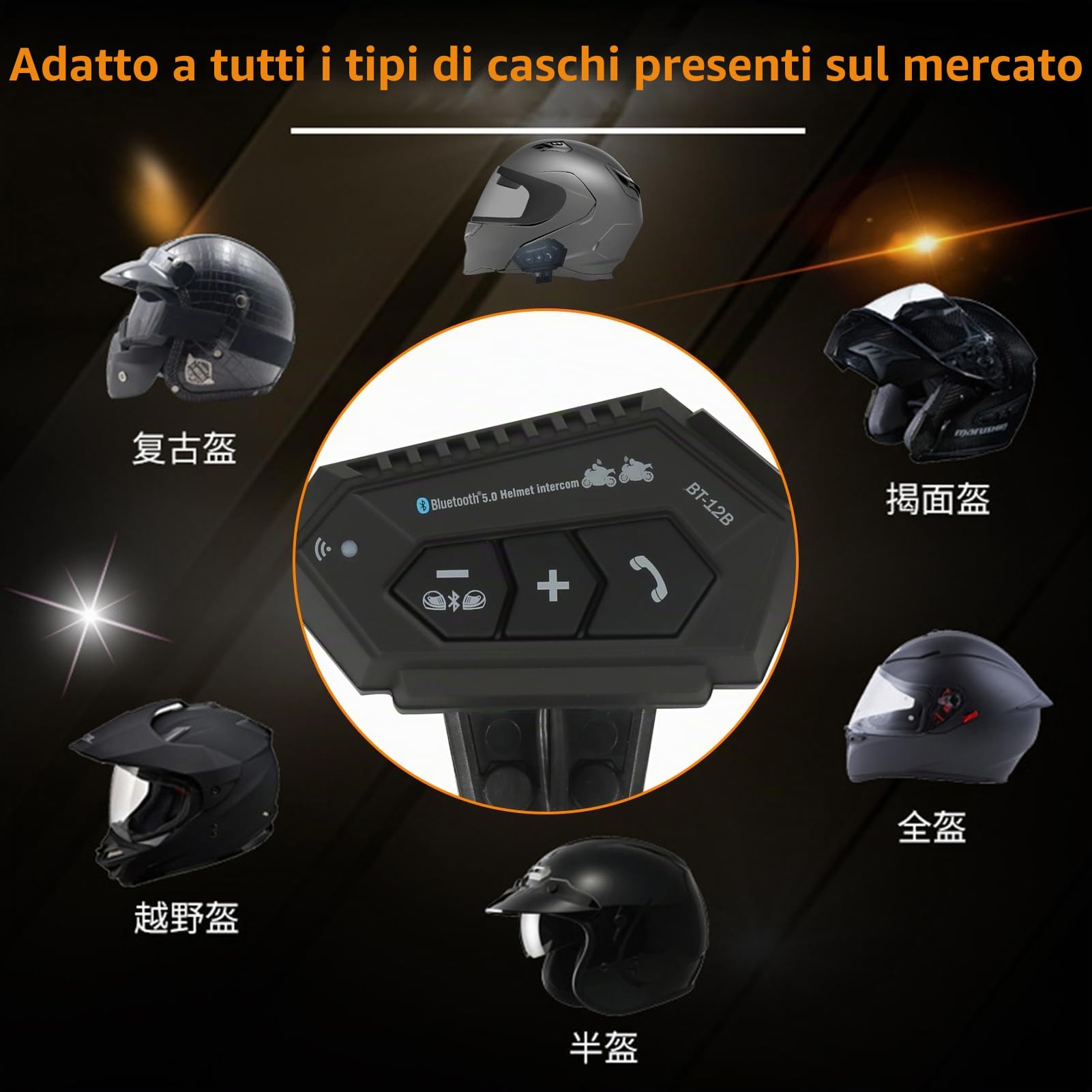 Interfono Moto, BT12B V5.0 Cuffie da Moto Bluetooth con Sistema di Comunicazione a Mani Libere e Funzione di Riduzione del Rumore, Auricolare Hi-Fi Offrono Prestazioni Audio di Alta Qualità