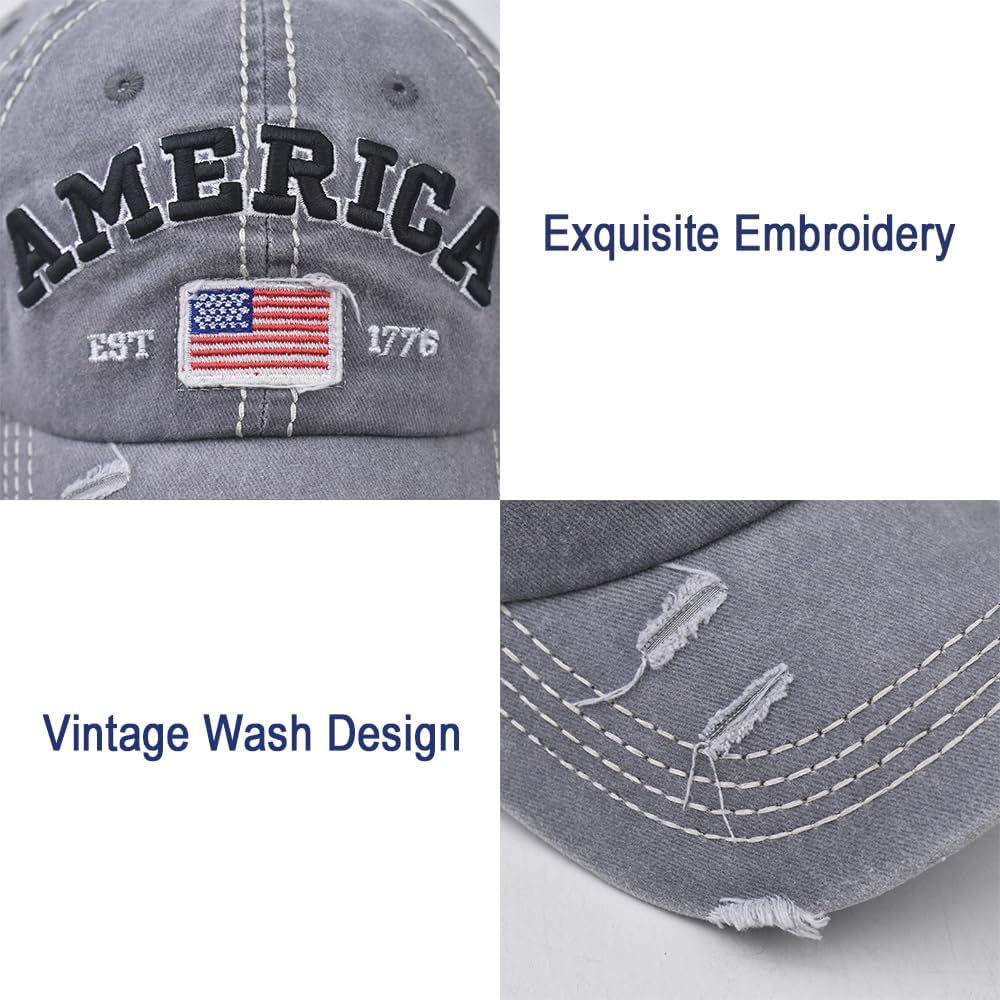 American Flag Hat for Men Women USA Flag Embroidery Distressed Adjustable Cotton Baseball Cap Dad Hat - Image 3