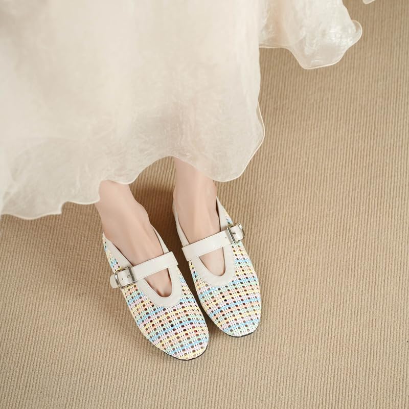 Woven Ballet Flats for Women Round Toe Mary Jane Shoes with Metal Buckle Strap Casual Ballerina Flats Shoes2