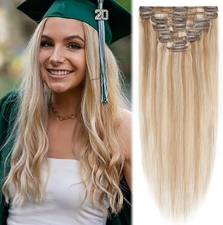 MY-LADY Clip in Hair Extensions Human Hair Balayage 100% Real Remy Human Hair 8pcs Weft Full Head Silky Straight for Women 8 inch 45g #18/613 Ash Blonde & Bleach Blonde