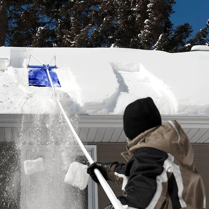 Roof Snow Rake with Wheels/Rollers, Telescoping Handle, Slide Tarp Snow Removal, Roof Cleaner Tool for Shingles Metal Tile Roof