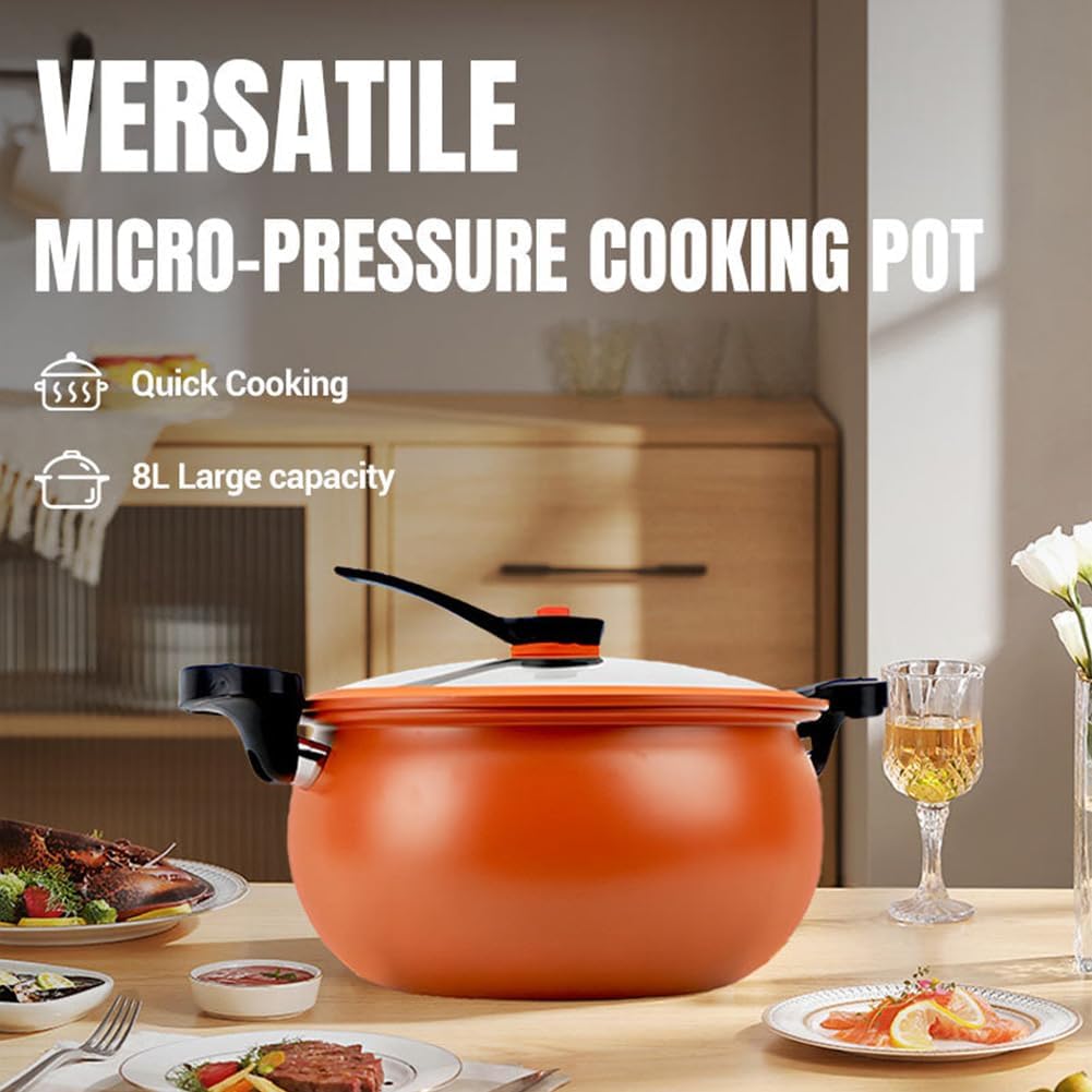Multifunctional Large Capacity Non-stick Pressure Cooker, 8 Qt Micro Pressure Cooker with Visible Transparent Glass Cover, Anti-Scalding Handle for Culinary Styles (Orange)