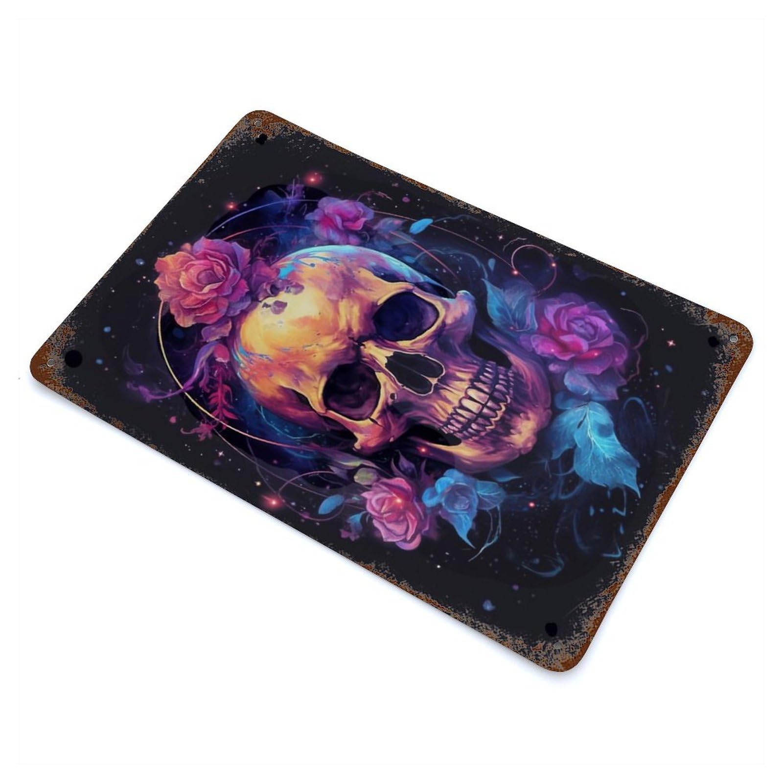 Garage Style Skull with Roses Vintage Rust Metal Sign 11.8"x7.9", Industrial Home Decor for Bar And Workshop