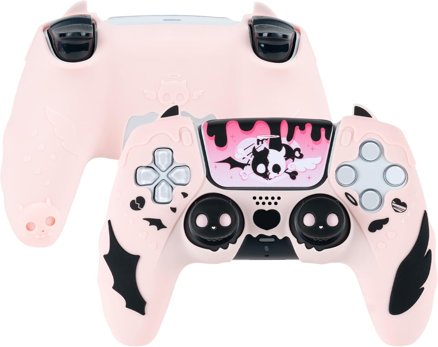 GeekShare Controller Skin Set Compatible with PS5, Anti-Slip Silicone Protective Cover with 2 Thumb Grip Caps and 1 Sticker - Sweetheart Skull Design (Pink)