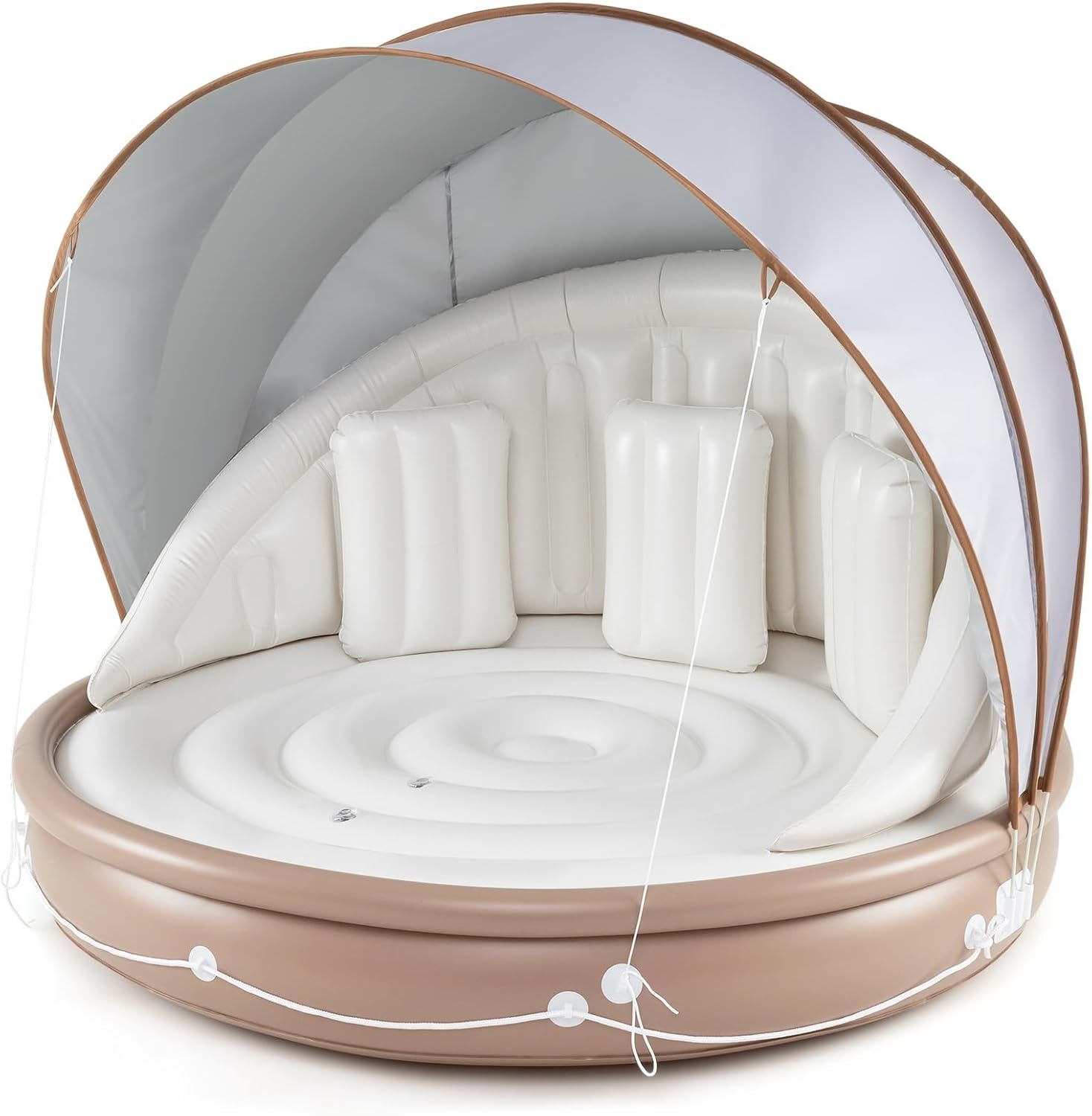 Moccha Inflatable Island with Canopy - 440 lbs Party Floats with SPF50+ Retractable Detachable Sunshade & 3 Pillows, 2-3 Person Tanning Lounger, 73” Pool Daybed, Floating Island for Lake