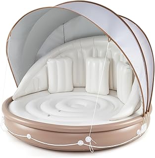 Moccha Inflatable Island with Canopy - 440 lbs Party Floats with SPF50+ Retractable Detachable Sunshade & 3 Pillows, 2-3 Person Tanning Lounger, 73” Pool Daybed, Floating Island for Lake
