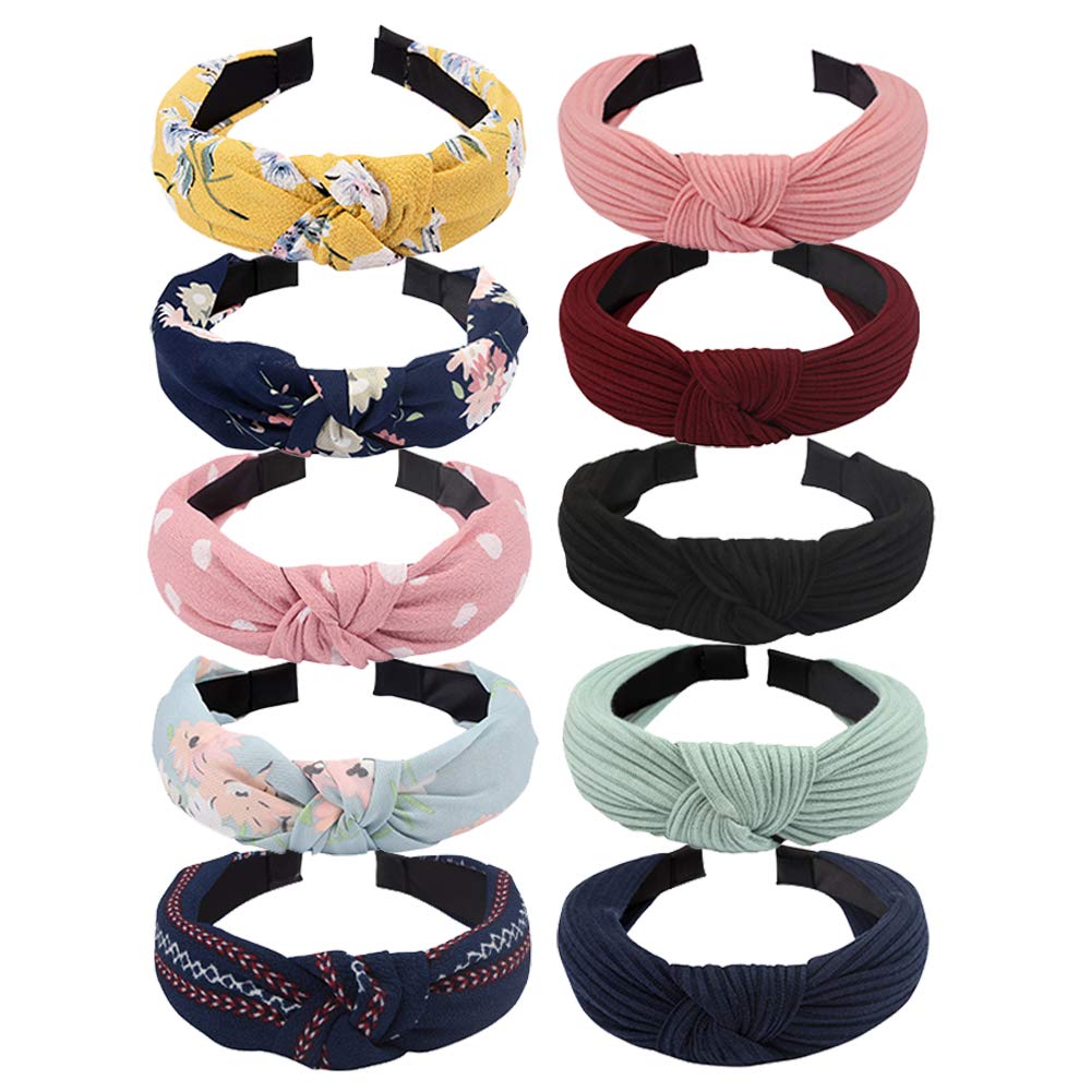 TOBATOBA 10 Pack Women Wide Headbands Knot Turban Headband Twist Wide Plain Headband Yoga Headband for Women,Include 5pcs Pure Color and 5pcs Floral Pattern Headband,diademas para mujer de moda head bands no slip : Beauty & Personal Care