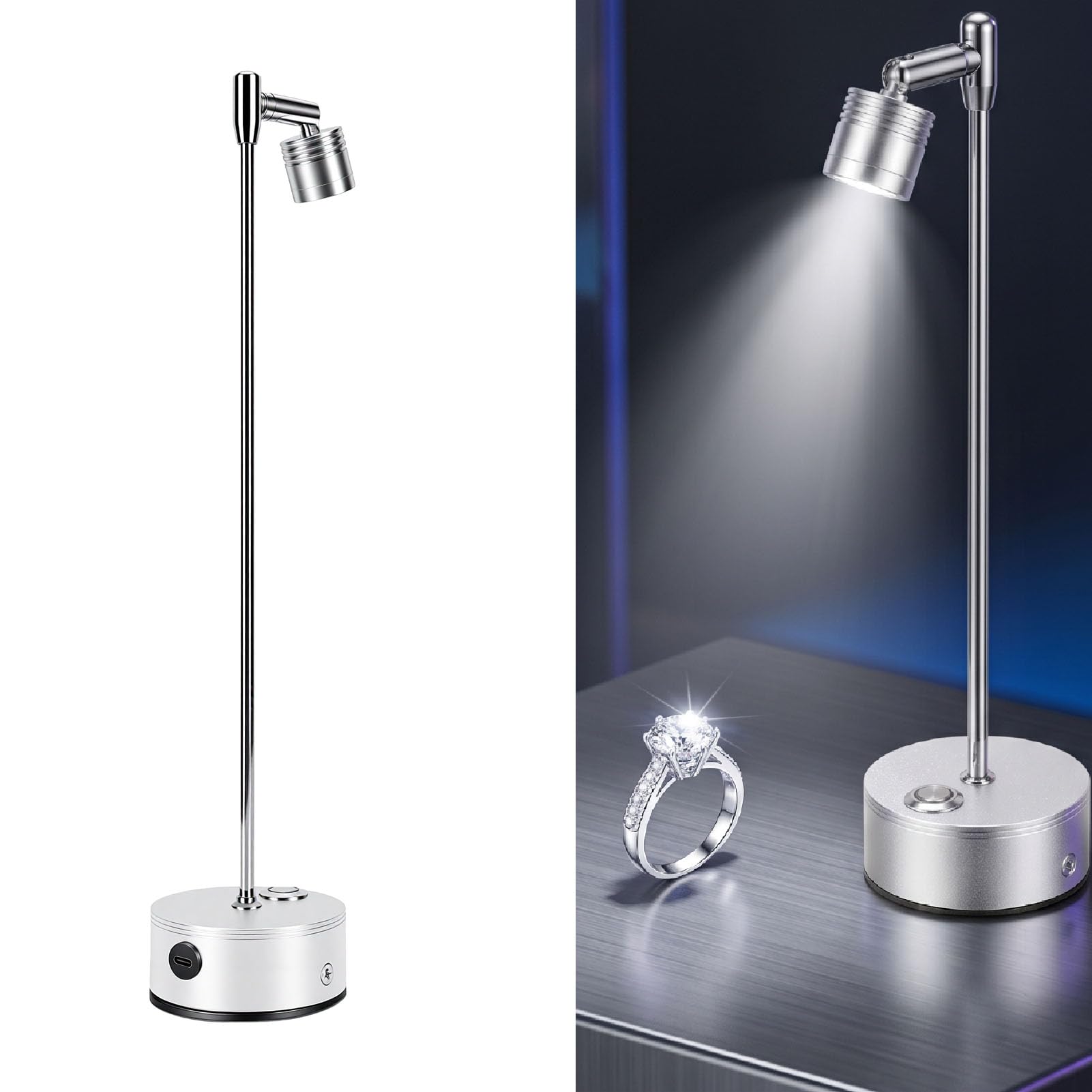 Naroote Faretti LED da Interno, Faretti da Terra Ricaricabili via USB per Vetrine con 3 Colori, Regolazione dell'Intensità tramite Tocco, Accessori per l'Esposizione di Gioielli