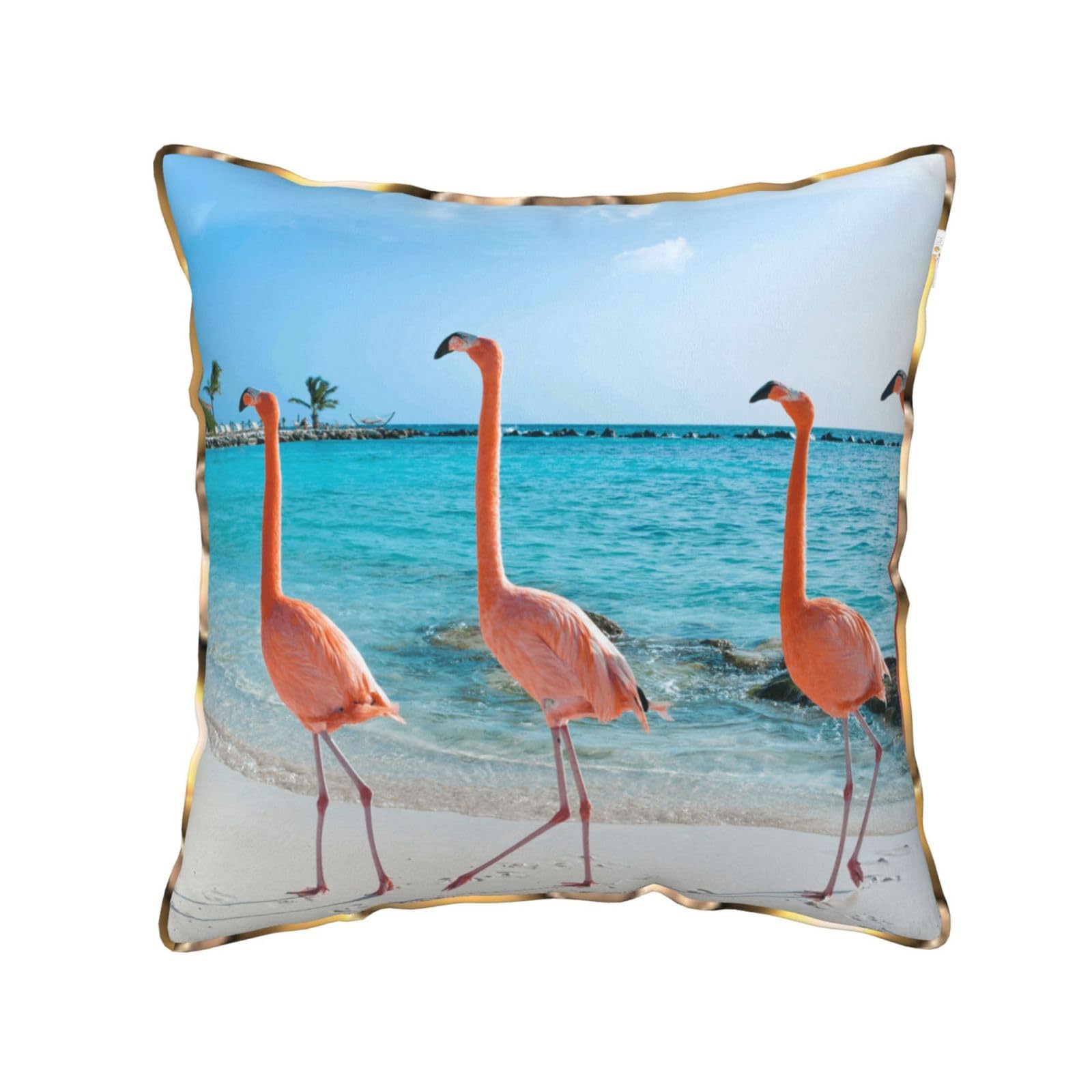 AUBKFELD Pink Flamingo on Beach Printed Velvet Cushion Cover 40x40 CM with Gold Edging Strip, Square Pillowcase Soft Throw Pillow Covers Case Decorative for Living Room Sofa Couch Bed Bench